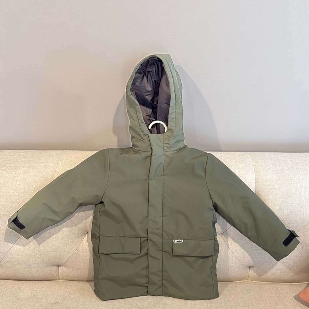 Zara Toddler 3-4 Years Olive Green Hooded Coat Full Zip Snap Buttons Pockets